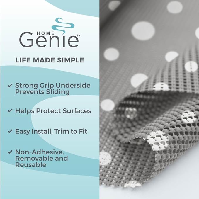 HOME GENIE Shelf Drawer and Cabinet Liner, Durable with Strong Grip, 12 in x 20 FT, Non Adhesive Liners Protect Kitchen Cabinets and Cupboard, Bathroom Drawers and Shelves, Desks, Dots Gray White