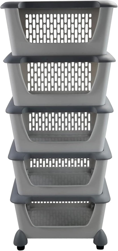 Cand 5-Pack Large Stackable Storage Bins, Plastic Stacking Baskets for Fruit, Vegeable, Snacks, Grey
