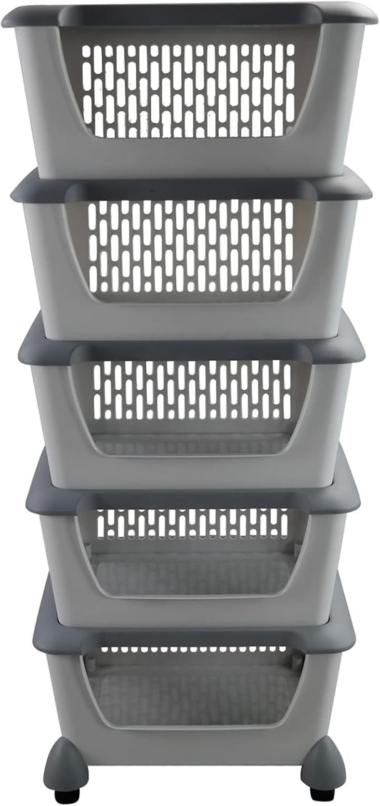 Cand 5-Pack Large Stackable Storage Bins, Plastic Stacking Baskets for Fruit, Vegeable, Snacks, Grey