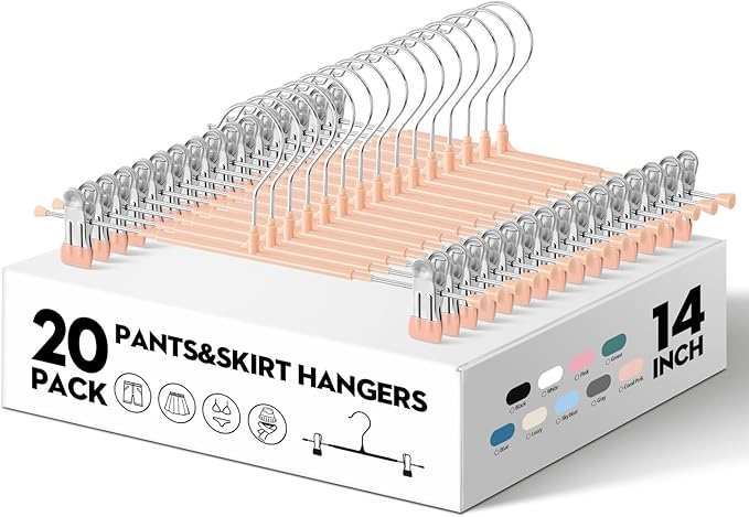 HWAJAN 20PACK 14Inch Pants Hangers with Clips Adjustable Skirt Hangers for Women Metal Non-Slip Trousers Hanger Heavy Duty Space Saving Clothes Hanger for Shorts,Jeans,Coral Pink