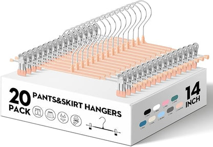 HWAJAN 20PACK 14Inch Pants Hangers with Clips Adjustable Skirt Hangers for Women Metal Non-Slip Trousers Hanger Heavy Duty Space Saving Clothes Hanger for Shorts,Jeans,Coral Pink