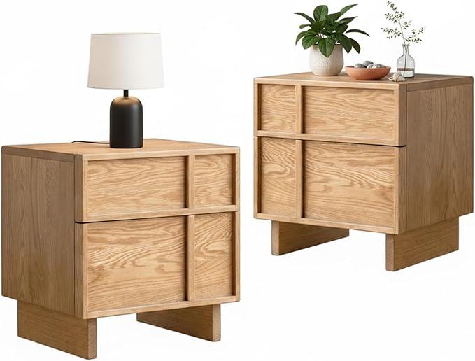 YESWOOD Solid Wood Nightstand Set of 2, Natural Wood Nightstand with Drawers, Mid Century Modern Nightstands, Wood Bedside Table for Small Space, Boho Night Stand for Bedroom,18.90" H