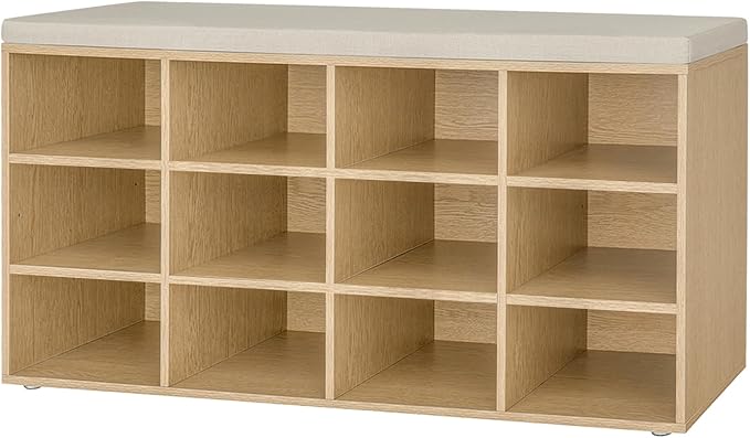 DINZI LVJ Shoe Storage Bench with Cushion, 12-Cubby Shoe Rack, Adjustable Shelves, 40.9" Long Shoe Organizer Bench for Entryway, Mudroom, Hallway, Garage, Natural and Cappuccino Beige