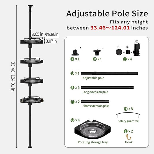 shuang qing 360° Rotating Corner Shower Caddy Tension Pole Organizer - 4-Tier Adjustable Rustproof Metal Pole, Plastic Shelves with Safety Guardrail, Bathroom Storage for Shower & Bathtub(Black)