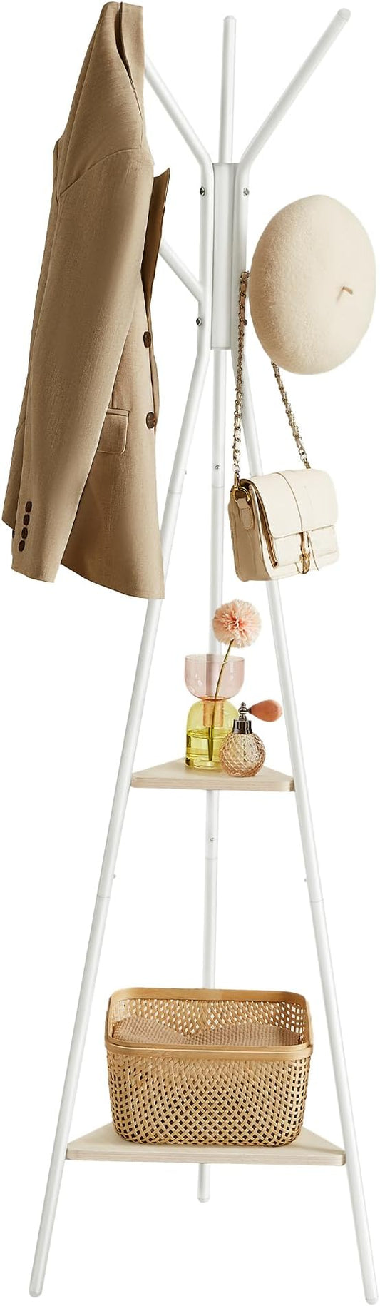 VASAGLE Coat Rack Freestanding, Coat Hanger Stand, Hall Tree with 2 Shelves, for Clothes, Hat, Bag, Industrial Style, Natural Beige and Pearl White URCR016N01