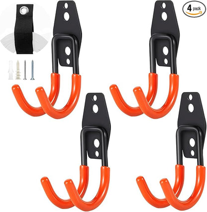 Heavy Duty Garage Storage Hooks, 4 Pack Utility Steel Garage Tool Organizer Wall Mount for Hanging Power and Garden Tools Ladders Hoses Bikes Ropes & Bulk Items