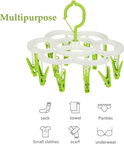 Clothespin Rack Laundry Drying Rack,Clothes Hangers with 16 Clips,Clip Hanger Drip Hanger for Drying Underwear,Baby Clothes,Socks,Bras,Towel,Pants,Hat,Scarf,Cloth Diapers,Gloves (Green)
