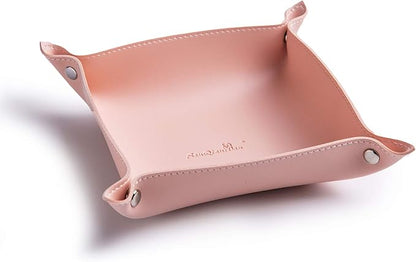 SANQIANWAN Leather Jewelry Valet Tray for Women and Man, Entryway Table Bedside Nightstand Desk Portable Small Catchall Travel Dish Plate for Key,Wallet,Watch,Phone,Coin(Pink-B)