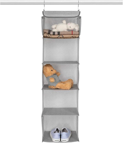 5 Shelves Hanging Closet Organizer, 2 Pack Hanging Storage with 6 Side Pockets for Clothes Bags, 43"x12"x12"(Light Gray)