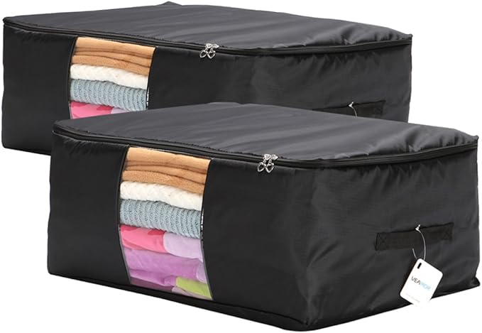 VEAMOR Comforter Storage Bags Pack of 2,Pillow Beddings/Blanket Clothes Organizer Storage Containers with Zippers,Breathable and Moistureproof(Black,2pcs)