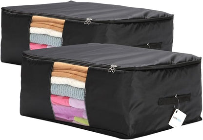 VEAMOR Comforter Storage Bags Pack of 2,Pillow Beddings/Blanket Clothes Organizer Storage Containers with Zippers,Breathable and Moistureproof(Black,2pcs)