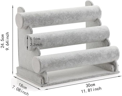 Wudygirl Triple Bracelet Holder Velvet Jewelry Display Stand Watch Bangle Bar Necklace Storage Organizer Gray (Ice Velvet 3 Tier)