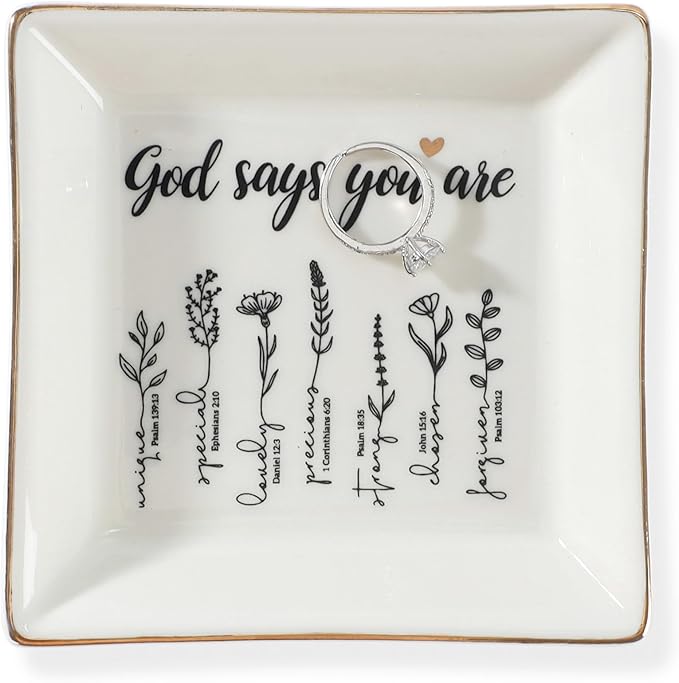 JOYIMARR God Says You Are Flower Ring Dish-Christian Religious Spiritual Gifts for Women Friends Mom Sister Christmas Birthday