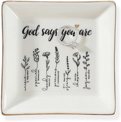 JOYIMARR God Says You Are Flower Ring Dish-Christian Religious Spiritual Gifts for Women Friends Mom Sister Christmas Birthday