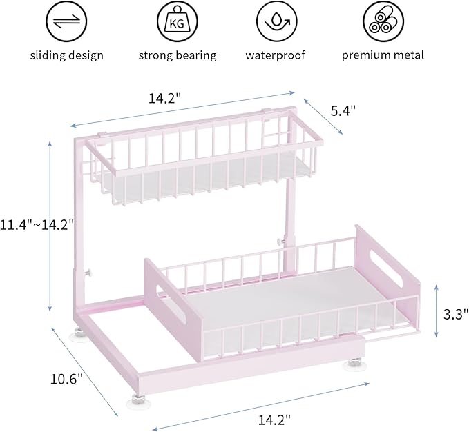 Under Sink Organizer Storage 2-Tier Premium Metal Pull-Out Racks, Height Adjustable, Heavy Dut and Easy Installation for Kitchen & Bathroom Organizers 1 Pack Pink