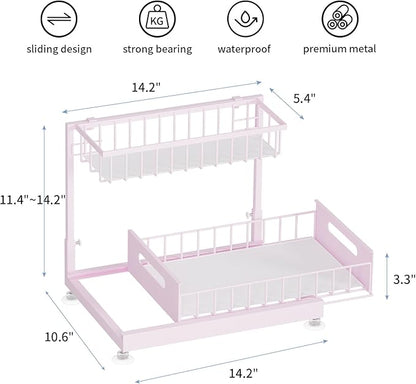 Under Sink Organizer Storage 2-Tier Premium Metal Pull-Out Racks, Height Adjustable, Heavy Dut and Easy Installation for Kitchen & Bathroom Organizers 1 Pack Pink