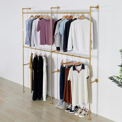 Industrial Pipe Clothes Rack Metal Clothing Store Display Stands Wall Mounted Garment Rack, Heavy Duty Hanging Rod for Closet Storage, 89.8in Gold