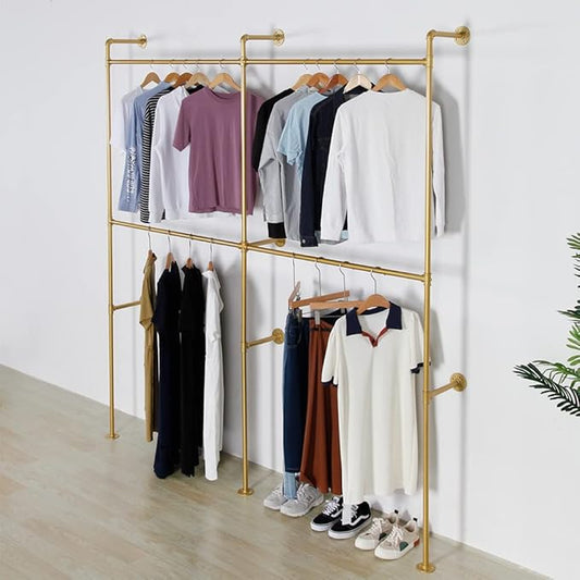 Industrial Pipe Clothes Rack Metal Clothing Store Display Stands Wall Mounted Garment Rack, Heavy Duty Hanging Rod for Closet Storage, 89.8in Gold