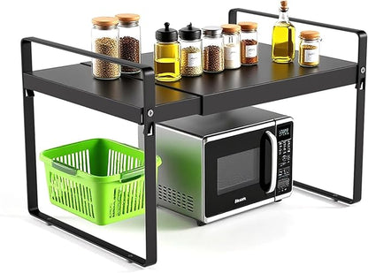 Expandable Cabinet Shelf Organizer 14-25 Inch Adjustable Length, 11" Wide 2-Tier (8" Bottom Layer) Metal Storage Rack for Kitchen Pantry, Under Sink Countertop - Heavy Duty Black(1 Pack)