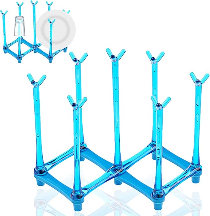PCTC Retractable Cup Drying Rack, Drinking Glass and Sports Bottle Drainer Stand, Plastic Bag Dryer and Mug Tree with Non-Slip Bottom for Kitchen Countertop (Blue)