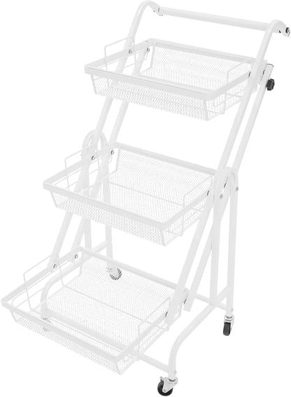 3 Tier Adjustable Storage Carts, Movable Utility Cart, Metal Rolling Cart, Multi-Functional Storage Trolley w/Wheels, Storage Shelves for Kitchen/Bathroom/Bedroom/Office (White)