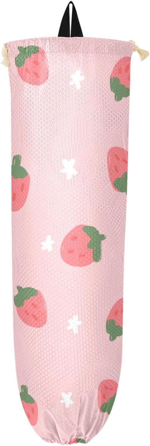 1 PC Plastic Bag Holder Wall Mount Grocery Bag Holder Shopping Bag Trash Bag Storage Organizer Dispenser for Kitchen Closet 22 x 9 Inch Strawberry Pink