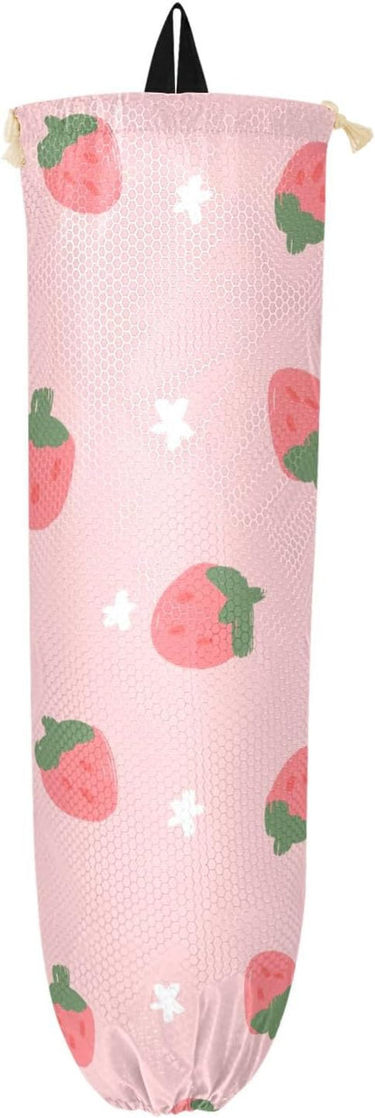 1 PC Plastic Bag Holder Wall Mount Grocery Bag Holder Shopping Bag Trash Bag Storage Organizer Dispenser for Kitchen Closet 22 x 9 Inch Strawberry Pink