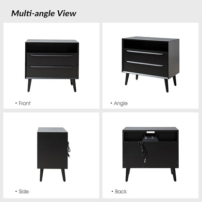 HULALA HOME End Table with Charging Station, Mid-Century Modern 2 Drawer and Open Shelf, Fluted End Table（Black）