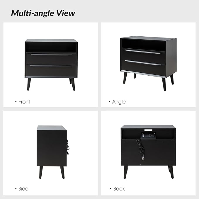 HULALA HOME End Table with Charging Station, Mid-Century Modern 2 Drawer and Open Shelf, Fluted End Table（Black, Set of 2）