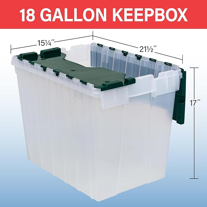 Akro-Mils KeepBox 18 Gallon Storage Container, Nesting and Stackable Plastic Storage Box with Lid Attached, Clear Tote for Garages, Closets, and Moving, 21" x 15" x 17", Clear/Green