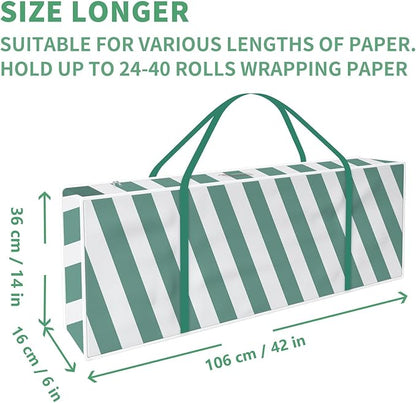 Safana 2 Pack Wrapping Paper Organizer Storage Bag, 42" Durable 600d Oxford Gift Wrapping Organizer Box Under Bed Storage Containers for Decorations Paper Rolls, Ribbons, Balls, Bows (Green Stripe)