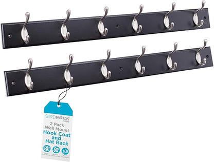 BIRDROCK HOME Oval Hook Coat and Hat Rack | 6 Hooks | 2 Pack | Wall Mount | Black Finish | Satin Nickel Hooks