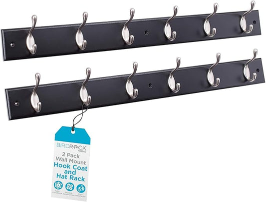 BIRDROCK HOME Oval Hook Coat and Hat Rack | 6 Hooks | 2 Pack | Wall Mount | Black Finish | Satin Nickel Hooks