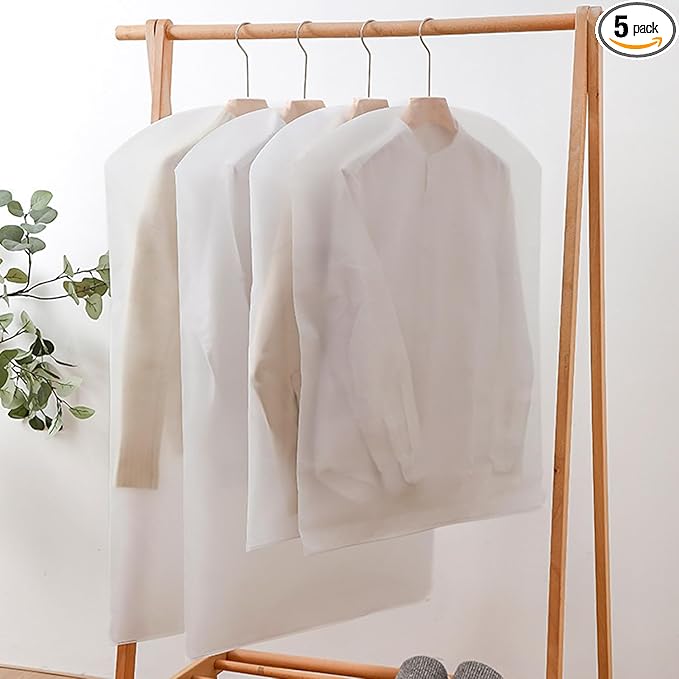LeLehome Set of 5 Transparent Garment Bags, 24" X 32" Dustproof Washable Clear Travel Suits Clothes Covers, See-Through Coats Organizer Dress Protector Storage Bags