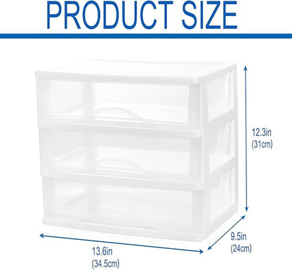 BYCY Plastic Stackable Storage 3 Drawers, White Bathroom Makeup Organizer with Wide Clear Drawers Tabletop Drawer Organizer for Desk,Easily Assemble for Fridge,Bathroom,Cabinet
