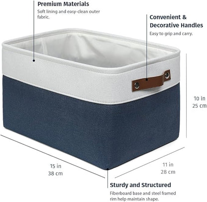 OrganiHaus Large Fabric Storage Baskets for Shelves 3 Pack, 15x11in Closet Storage Bins for Shelves, Canvas Baskets for Organizing, Linen Closet Organizers, Cloth Basket, Navy Blue/Off-White