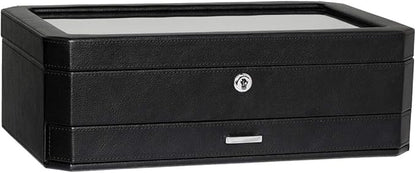 ROTHWELL 12 Slot Leather Watch Box with Valet Drawer - Luxury Watch and Jewelry Case Display Organizer, Microsuede liner, Mens Locking Storage Holder Large Glass Top (Black/Grey)
