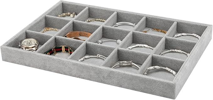 Polmart Stackable 15-Grid Jewelry Organizer/Storage/Display Trays, Gray Velvet (2-Pack)