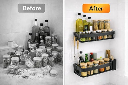 Spice Rack Wall Mount, Adhesive No Drill Wall Mounted Spice Rack for Kitchen & Pantry, 2 Pack Stainless Steel Organizer with Hooks, Renter Friendly