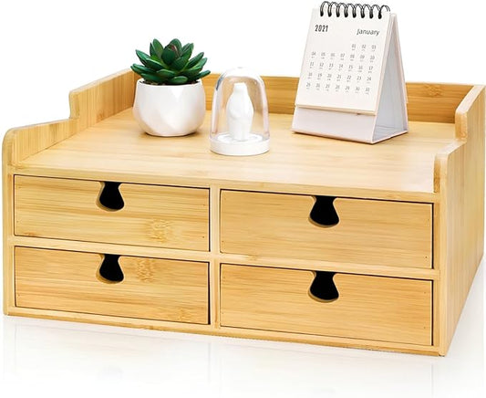Bamboo Desk Organizer with Drawers, Small 3 Tier Desktop Drawers for Countertop, Mini Tabletop Storage Containers with Anti-scratch Pads for Home Office Supplies Makeup, No Assembly Required
