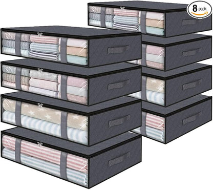 StorageRight Under Bed Storage Bins, 8-Pack 40L Foldable Fabric Storage Bags with Transparent Window, Breathable Organizer for Clothes/Blanket/Comforter/Quilt, Grey