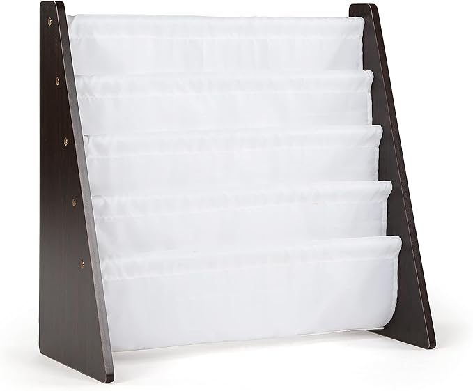 Humble Crew 4-Tier Kids Bookshelf, Espresso Wood/White - Premium Book Shelf for Kids Rooms with Four Deep Pockets - Toddler Sling Book Rack with Deep Sleeves, Nursery Bookcase Organizer