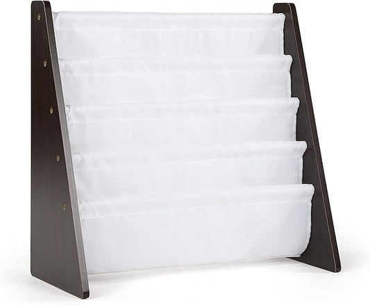 Humble Crew 4-Tier Kids Bookshelf, Espresso Wood/White - Premium Book Shelf for Kids Rooms with Four Deep Pockets - Toddler Sling Book Rack with Deep Sleeves, Nursery Bookcase Organizer