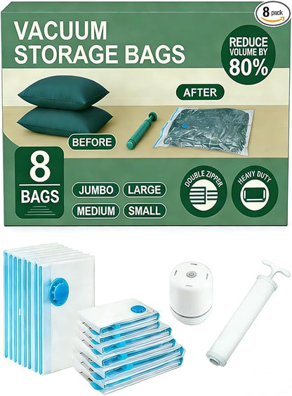 LICOZYVE Vacuum Storage Bags for Travel and Home,8 Pack Vacuum Seal Bags for Clothing,(with Electric Pump and Hand Pump, Large 60 * 80)