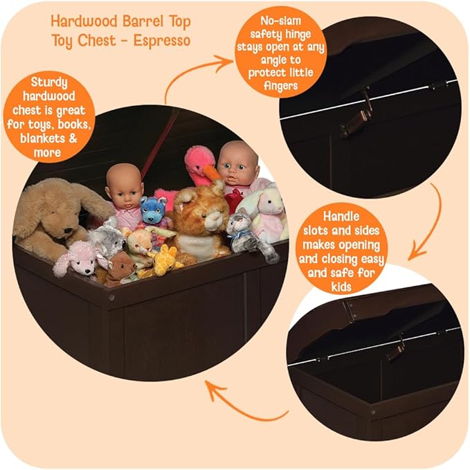 Badger Basket Hardwood Safety Hinge Barrel Top Toy Storage Chest, Espresso, 17x19 Inch (Pack of 1) (01345)
