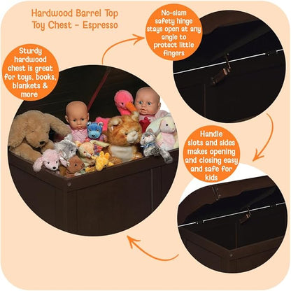 Badger Basket Hardwood Safety Hinge Barrel Top Toy Storage Chest, Espresso, 17x19 Inch (Pack of 1) (01345)