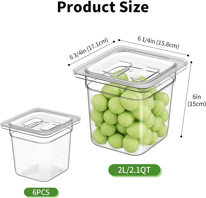 FORITRUE 1/6 6'' 6 Pack Plastic Food Pans With Lids, Clear Food Pan, Commercial Stackable Polycarbonate Freezer-Safe for Fruits Vegetables Restaurant Kitchen