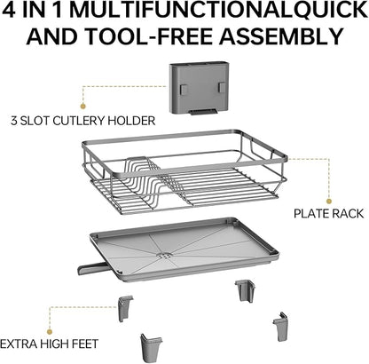 TOOLF Space-Saving Dish Drying Rack, Multifunctional Dish Rack for Kitchen Counter,Sink Dish Drainer Rack, Dishes Strainer with Drain Board & Cutlery Holder, Compact Dryer Rack,Gray