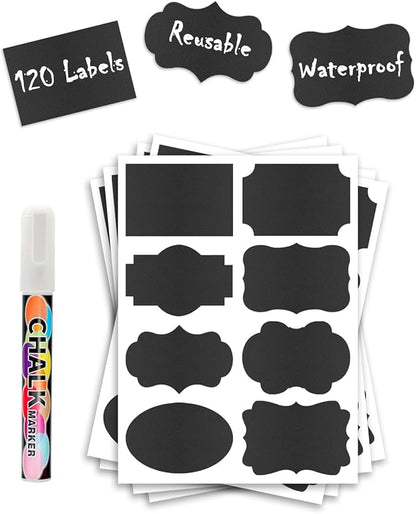 120 Pcs Chalkboard Labels for Storage Bins, Removable Chalk Sticker for Jars Containers Storage Bins, Assorted Shapes - Canning Labels, Bottle Labels, Food Labels Includes Erasable Liquid Chalk Marker