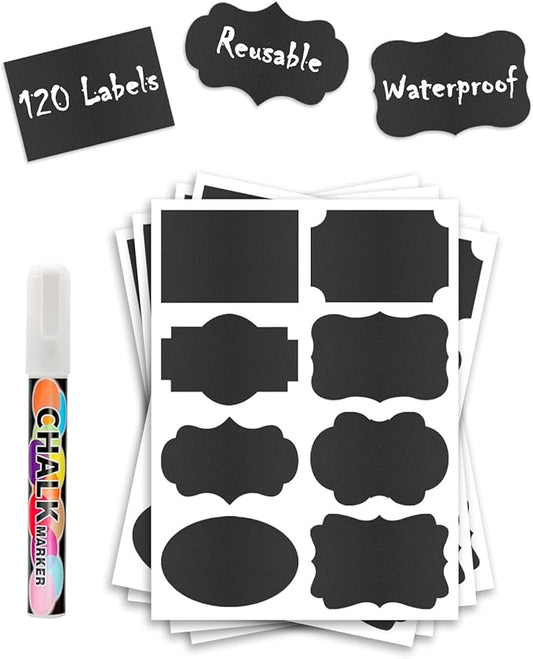 120 Pcs Chalkboard Labels for Storage Bins, Removable Chalk Sticker for Jars Containers Storage Bins, Assorted Shapes - Canning Labels, Bottle Labels, Food Labels Includes Erasable Liquid Chalk Marker